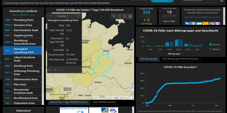 Gemeldete Covid19-Fälle, Stand 16. September