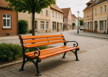 Orangefarbene Bank in der Einkaufsstraße